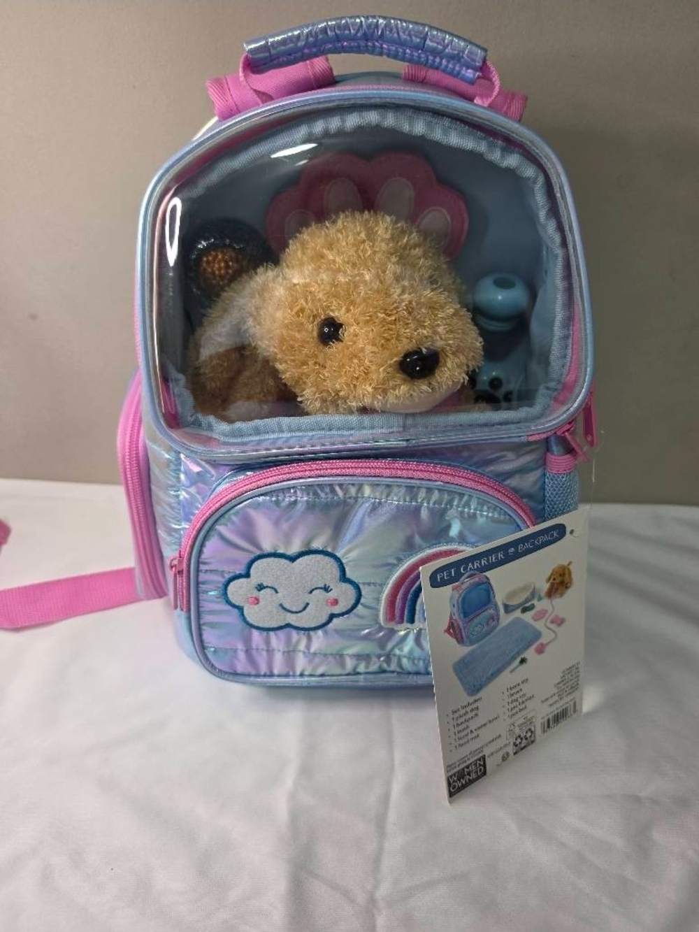 Kids Plush Pet Carrier Backpack - Iridescent Pink & Blue